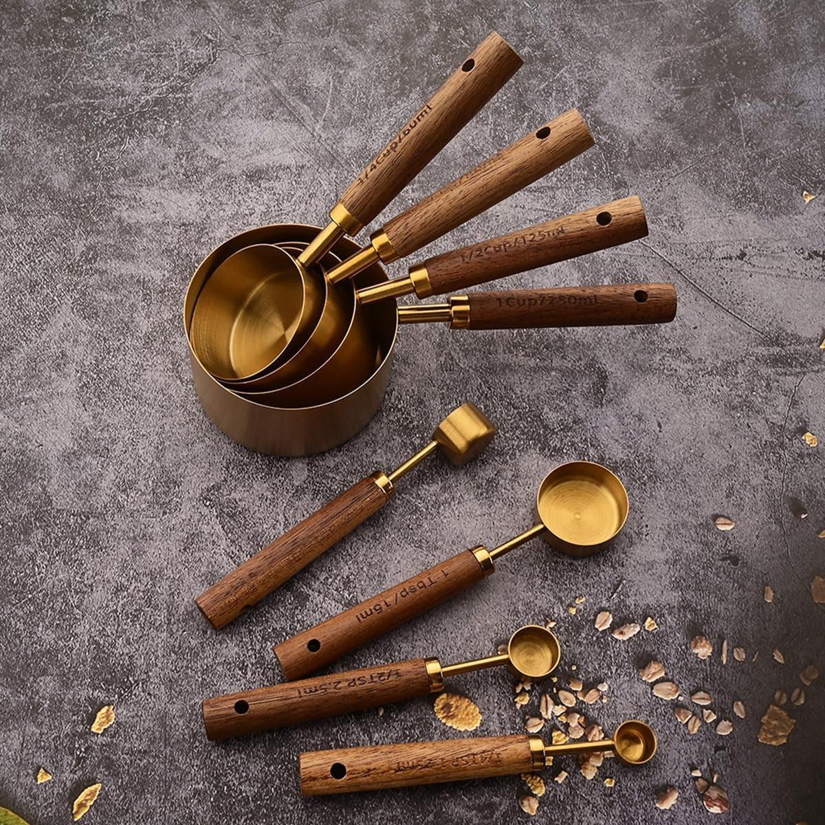 8 pieces Golden Measuring Cups Set and Measuring Spoons Set with Scale Wooden Handle Stainless Steel Dry & Liquid Measuring Cup for Cooking Baking – Convenient Carry Handles for Streamlined Everyday Routines