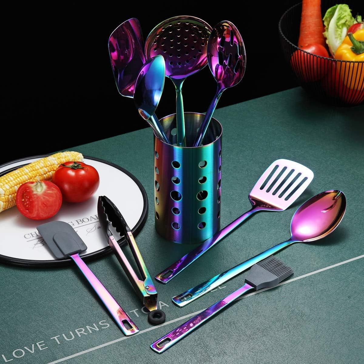 Rainbow Kitchen Utensil Set 13-Piece Stainless Steel Cookware Set Titanium Rainbow Plating Kitchen Tool Set with Cutlery Holder Suitable for Non-stick Cookware Dishwasher Suitable – Durable Stainless Steel Construction for Streamlined Everyday Routines