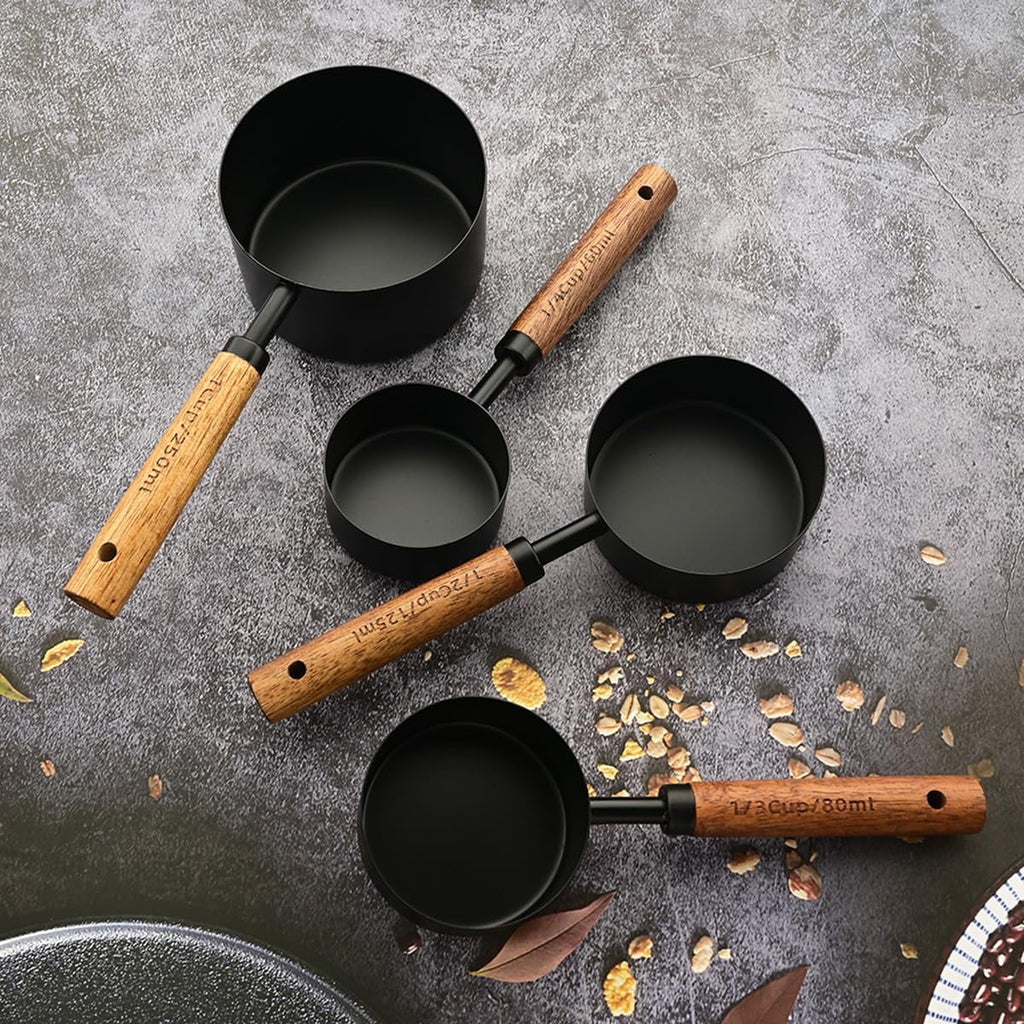 8 pieces Black Measuring Cups Set and Measuring Spoons Set with Scale Wooden Handle Stainless Steel Dry & Liquid Measuring Cup for Cooking Baking – Convenient Carry Handles for Streamlined Everyday Routines