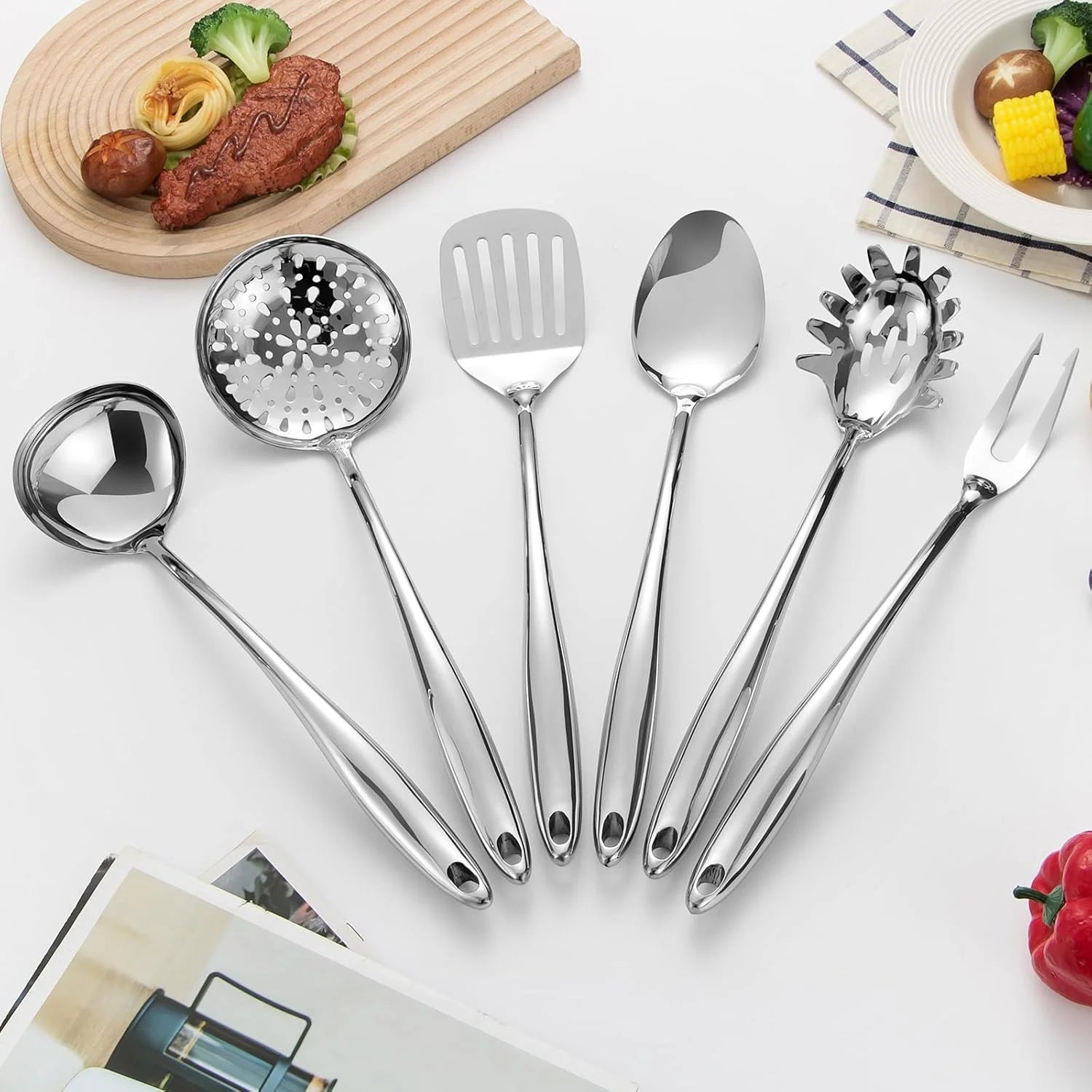 304 Stainless Steel Kitchen Utensils Set 6 Pcs Long Metal Cooking Utensil with Spatula Solid Spoon Ladle Skimmer Spaghetti Spoon Meat Fork Dishwasher Suitable – Durable Stainless Steel Construction for Streamlined Everyday Routines