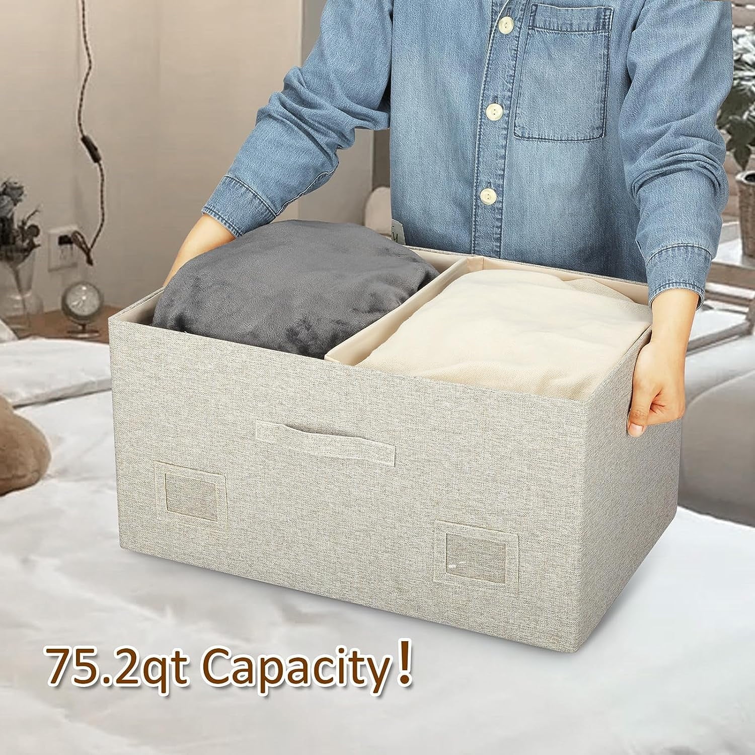Medium 15" 21 Quart Collapsible Stackable Storage Bins with Lids 5 Packs Beige Foldable Fabric Closet Boxes Heavy-duty Lidded Linen Cube Baskets Container Organizers and Storage – Multiroom Organization Format for Streamlined Everyday Routines