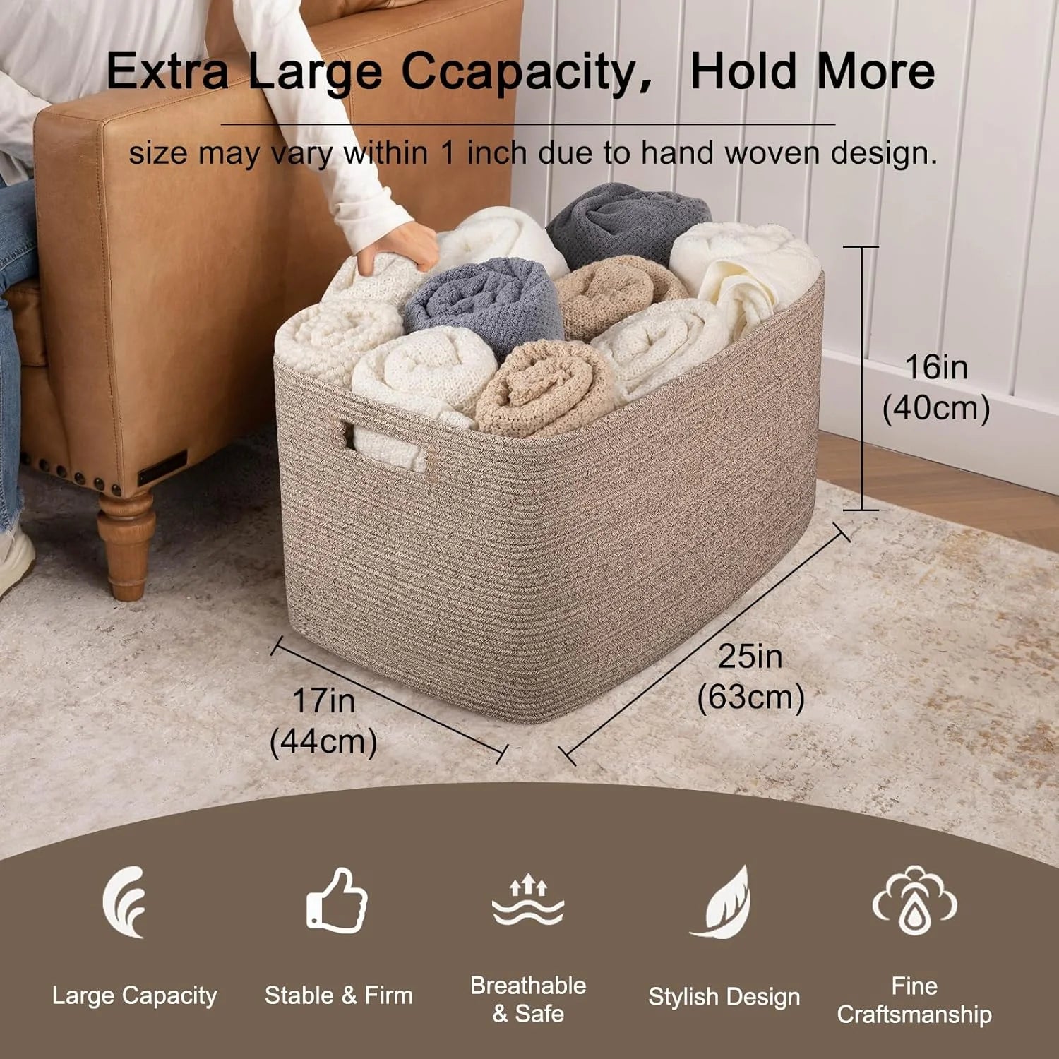 118L XXXLarge Cotton Rope Storage Basket Oversized Blanket Basket Used for Organizing Dirty Clothes in Living Room Bedroom Nursery Dog Toy Storage Bins 25" x 17" x 16",Grey – Practical Home Organization for Streamlined Everyday Routines