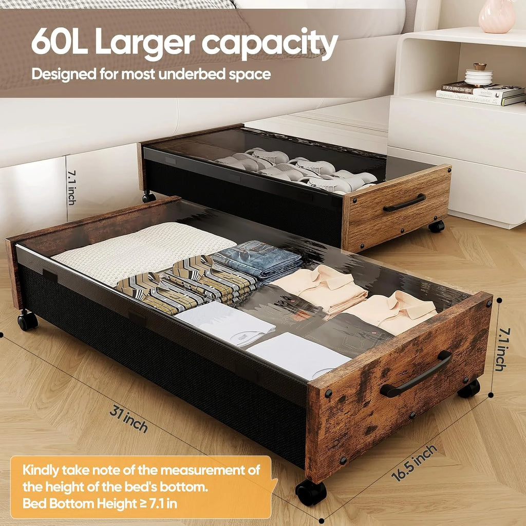 Wooden Under Bed Storage with Wheels Rolling Under the Bed Storage Bins with Removable Lid Metal Under Bed Drawers for Clothes and Shoes in Bedroom or Living Room(Black Wood-2pack) – Easy-Roll Mobility for Streamlined Everyday Routines