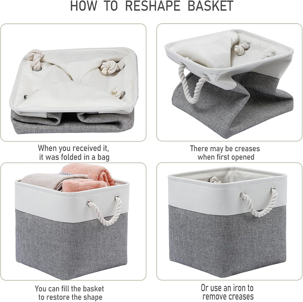 13 x 13 Inch Cube Storage Bins 6 Pack Extra Large Collapsible Fabric Storage Bin with Ropes Foldable Storage Cubes for Home (White & Beige-13"x13"x13") – Foldable Space-Saving Design for Streamlined Everyday Routines