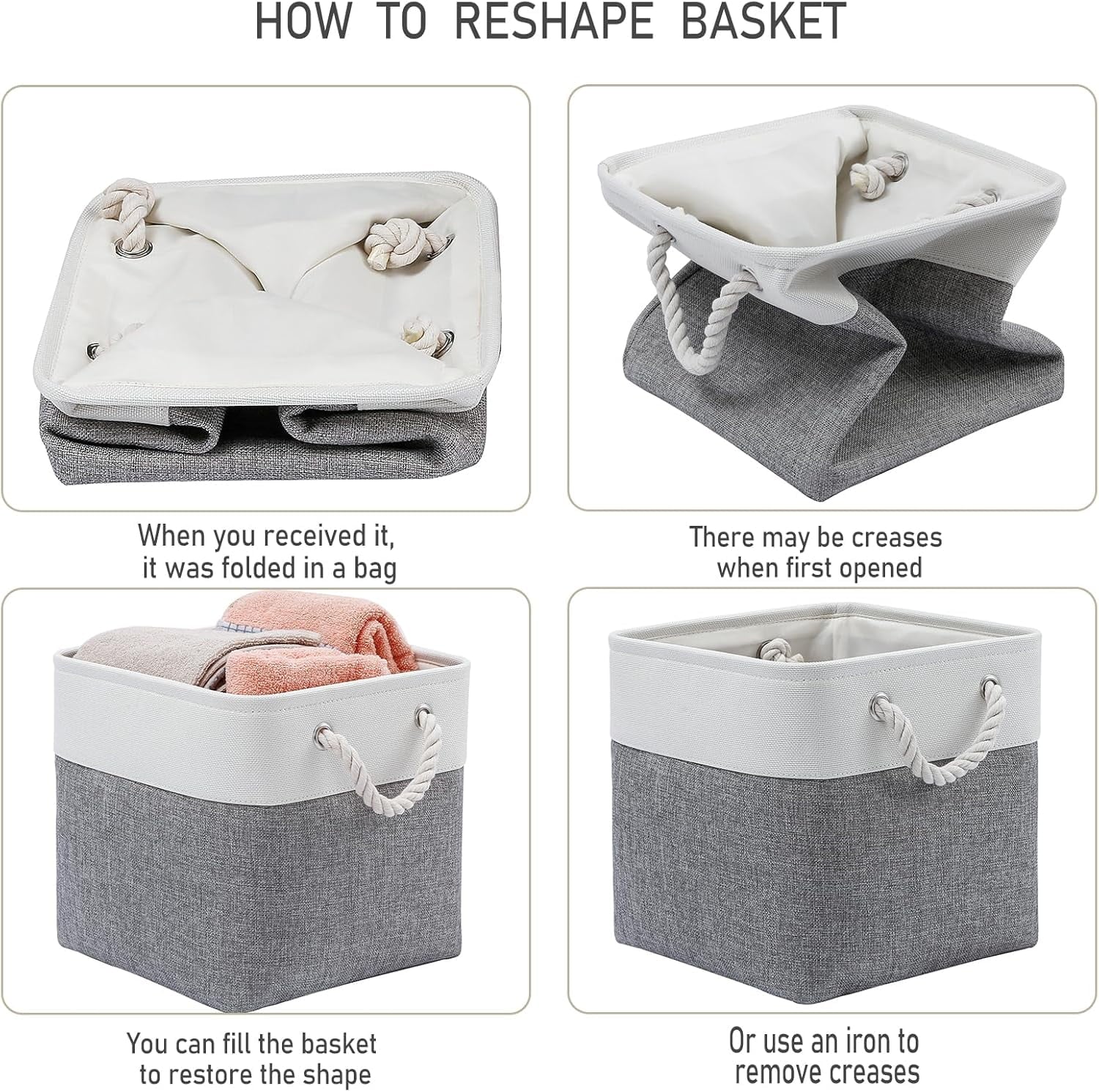 13 x 13 Inch Cube Storage Bins 6 Pack Extra Large Collapsible Fabric Storage Bin with Ropes Foldable Storage Cubes for Home (White & Beige-13"x13"x13") – Foldable Space-Saving Design for Streamlined Everyday Routines