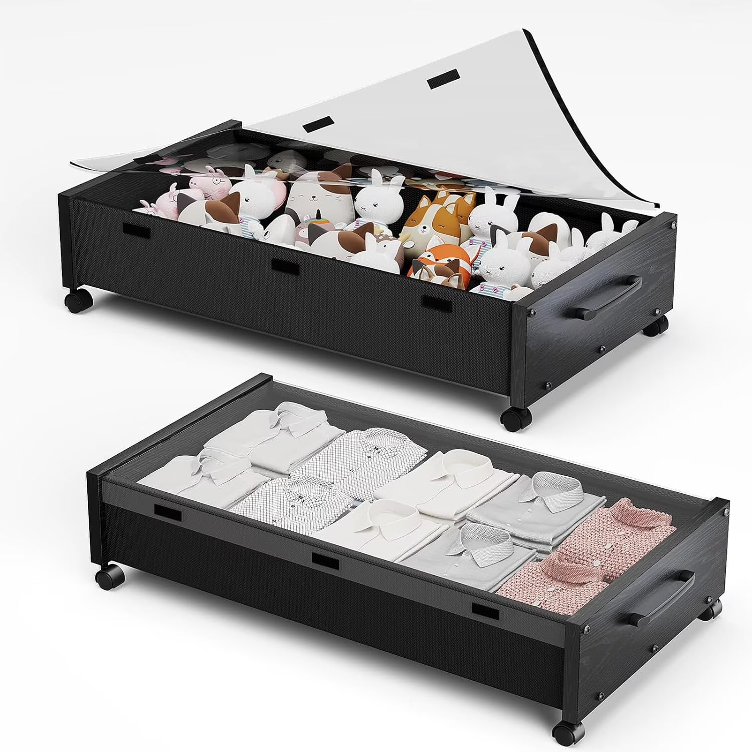 Wooden Under Bed Storage with Wheels Rolling Under the Bed Storage Bins with Removable Lid Metal Under Bed Drawers for Clothes and Shoes in Bedroom or Living Room(Black Wood-2pack) – Easy-Roll Mobility for Streamlined Everyday Routines