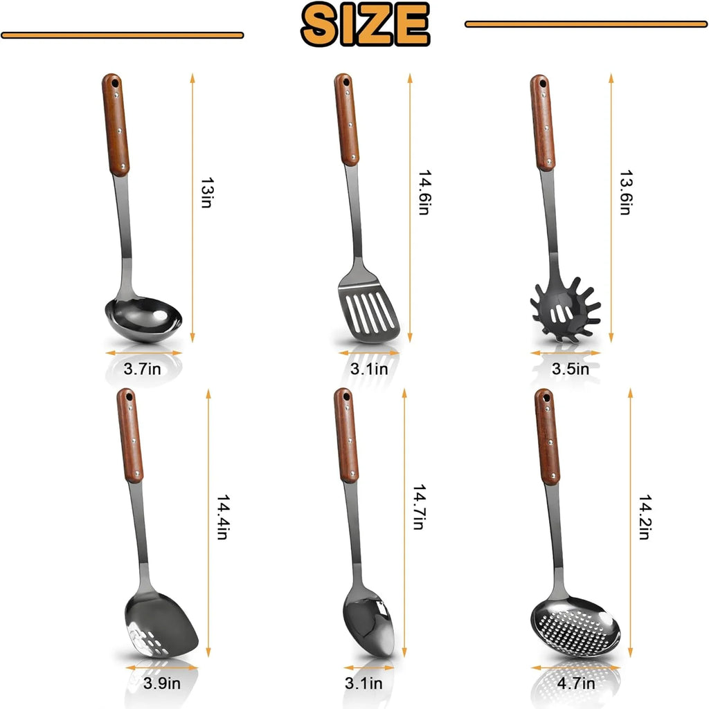Stainless Steel Cooking Utensils Set Mirror Polished 6 Pieces Kitchen Utensils Set Kitchen Tools Set With Wooden Handle Non-Stick Heat Resistant,Dishwasher Suitable Easy to Clean – Convenient Carry Handles for Streamlined Everyday Routines
