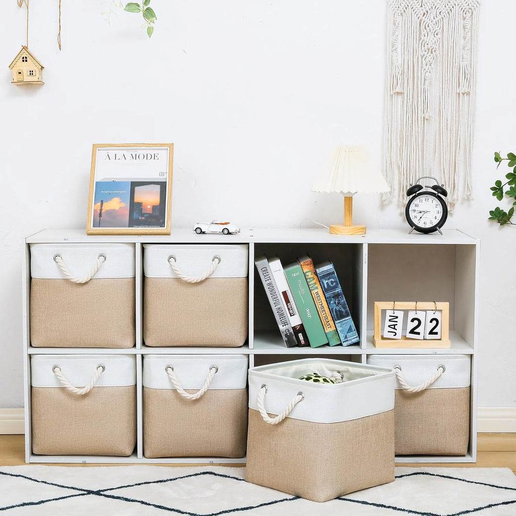 11 x 11 Inch Storage Cubes 6 Pack Large Collapsible Fabric Storage Bin White&Beige – Foldable Space-Saving Design for Streamlined Everyday Routines