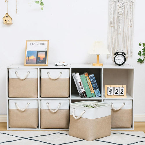 11 x 11 Inch Storage Cubes 6 Pack Large Collapsible Fabric Storage Bin White&Beige – Foldable Space-Saving Design for Streamlined Everyday Routines