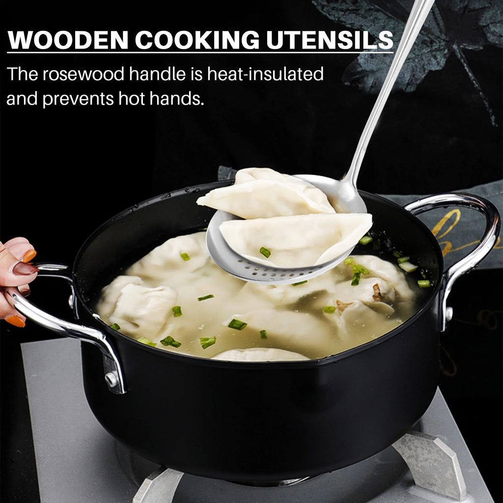 Long Handle Stainless Steel Wok Kitchen Slotted Turner Rice Spoon Ladle Cooking Tools Utensil Set – Convenient Carry Handles for Streamlined Everyday Routines