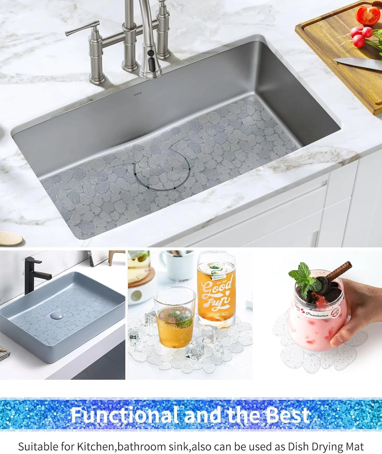 Bligli Pebble Sink Mat 2-Pack - PVC Kitchen Protector for Stainless Steel/Ceramic Dish Drying Mat for Dishes 15.7" x 11.8" Bling Clear – Clear-View Organization for Streamlined Everyday Routines
