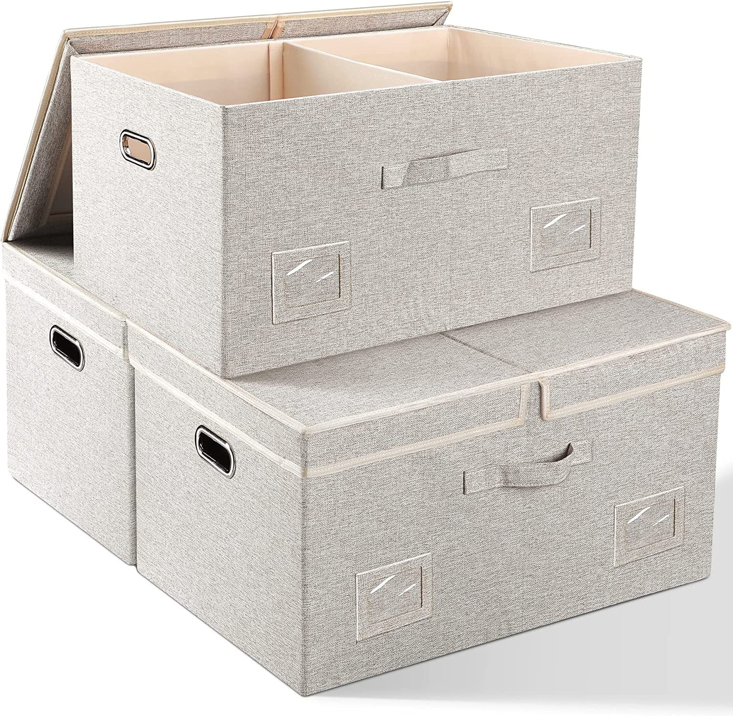 Large 17" 36 Quart Collapsible Stackable Storage Bins with Lids 3 Packs White Linen Fabric Closet Boxes with Lids Storage Cube Baskets Container Organizers for Bedroom Office(17 x12 x11) – Multiroom Organization Format for Streamlined Everyday Routines
