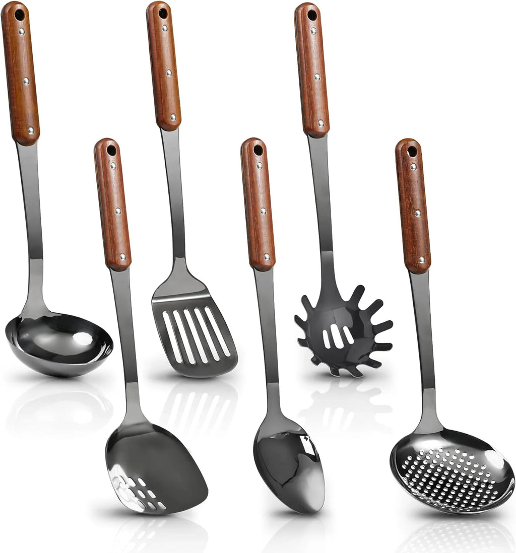 Stainless Steel Cooking Utensils Set Mirror Polished 6 Pieces Kitchen Utensils Set Kitchen Tools Set With Wooden Handle Non-Stick Heat Resistant,Dishwasher Suitable Easy to Clean – Convenient Carry Handles for Streamlined Everyday Routines
