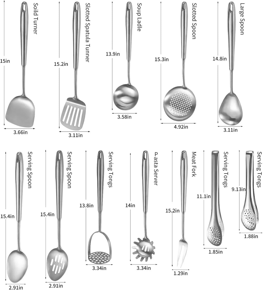 304 Stainlss Steel Kitchen Utensils Set 12 Pcs Long Metal Cooking Utensil Gadgets Tools Set with Spatula Ladle Spoon Ladle Skimmer Tunner Pasta Server Tongs(Silver Dishwasher Suitable) – Convenient Multi-Piece Set for Streamlined Everyday Routines