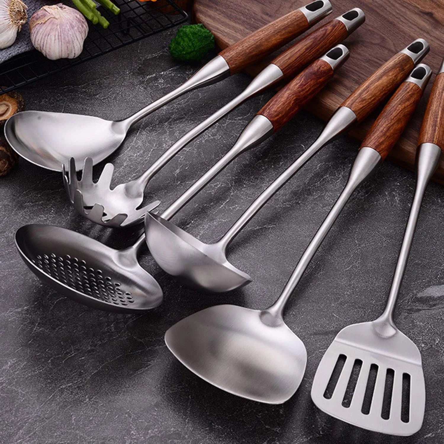 Cooking Utensils Set,7pcs 304 Stainless Steel Kitchen Utensils Set with Holder,Heat Resistant Wooden Handle Kitchen Tools – Convenient Carry Handles for Streamlined Everyday Routines