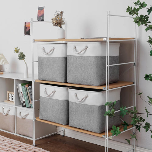13 x 13 Inch Cube Storage Bins 6 Pack Extra Large Collapsible Fabric Storage Bin with Ropes Foldable Storage Cubes for Home (White & Beige-13"x13"x13") – Foldable Space-Saving Design for Streamlined Everyday Routines
