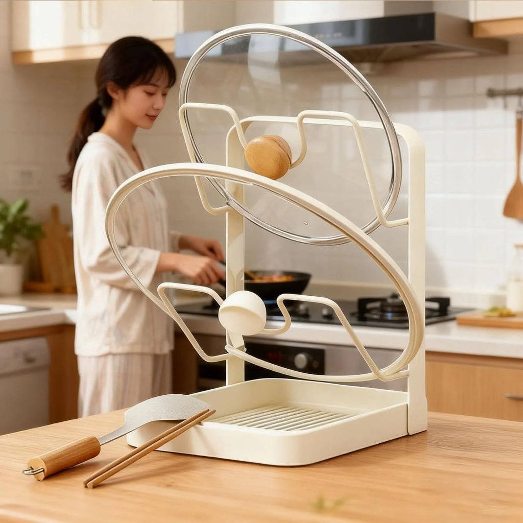 Kitchen Pot Lid Storage Rack 304 Stainless Steel Pot Lid Holder While Cooking Multifunctional Kitchen Pot Cover Organizer for Countertop With Removable Drip Tray – Durable Stainless Steel Construction for Streamlined Everyday Routines
