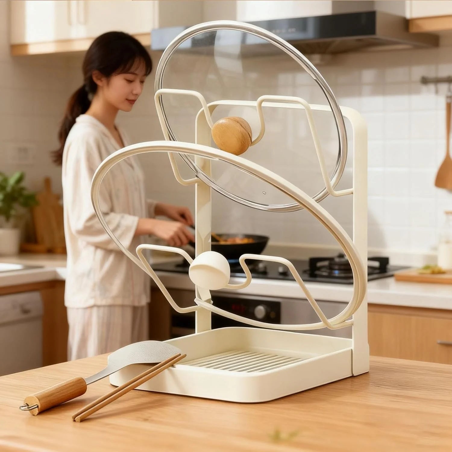 Kitchen Pot Lid Storage Rack 304 Stainless Steel Pot Lid Holder While Cooking Multifunctional Kitchen Pot Cover Organizer for Countertop With Removable Drip Tray – Durable Stainless Steel Construction for Streamlined Everyday Routines