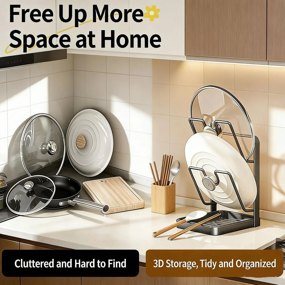 Kitchen Pot Lid Storage Rack Stainless Steel Pot Lid Holder While Cooking & Spoon Rest Multifunctional Pot Lid Organizer with Removable Drip Tray for Countertop Space-Saving Lid Rack – Durable Stainless Steel Construction for Streamlined Everyday Routines