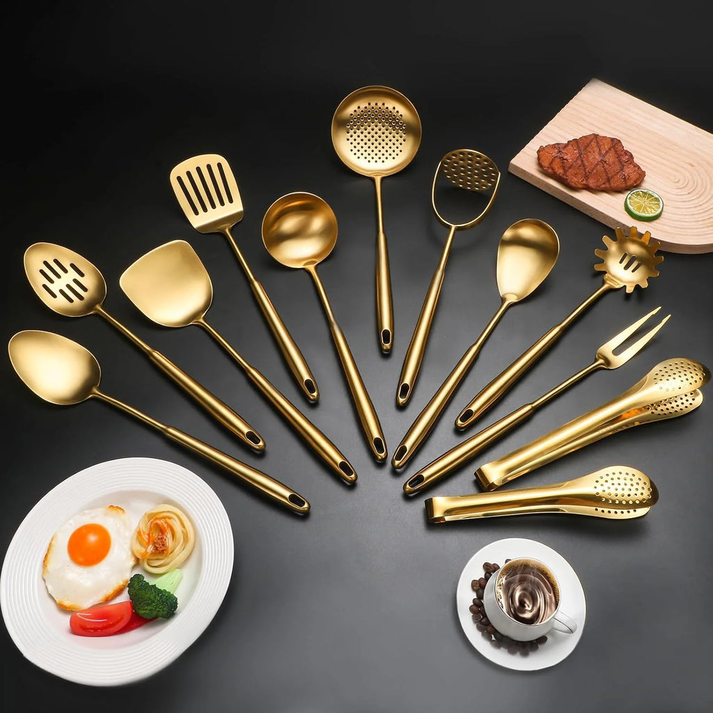 304 Stainless Steel Cooking Utensils,6 Pcs Kitchen Cooking Utensils Set with Spatula Solid Spoon Ladle Skimmer Spaghetti Spoon,Dishwasher Suitable(Gold) – Durable Stainless Steel Construction for Streamlined Everyday Routines