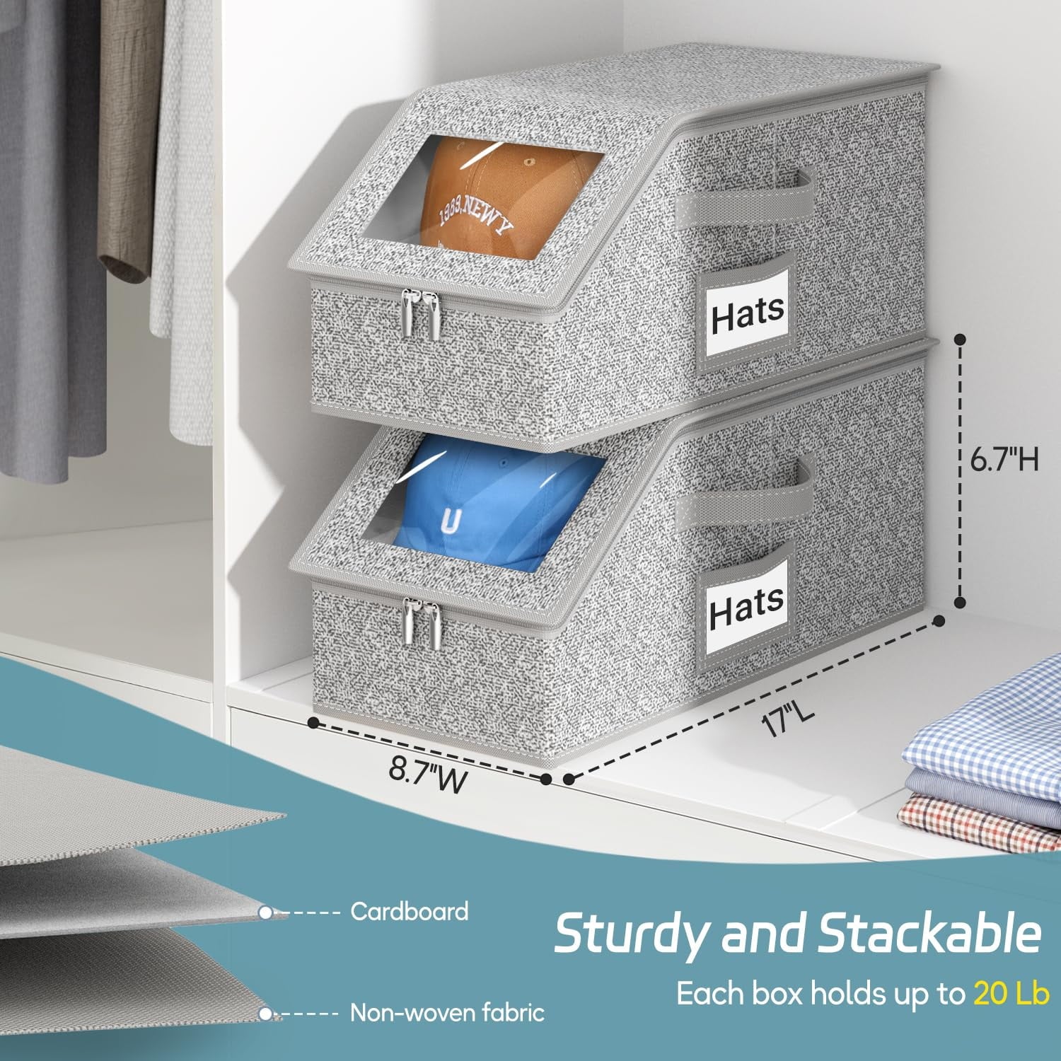 2 Pcs Stackable Hat Storage for Baseball Caps Holds up to 24 Caps Hat Organizer for Closet Sturdy Snapback Boxes for Men with Cardboard Grey – Stackable Organization for Streamlined Everyday Routines