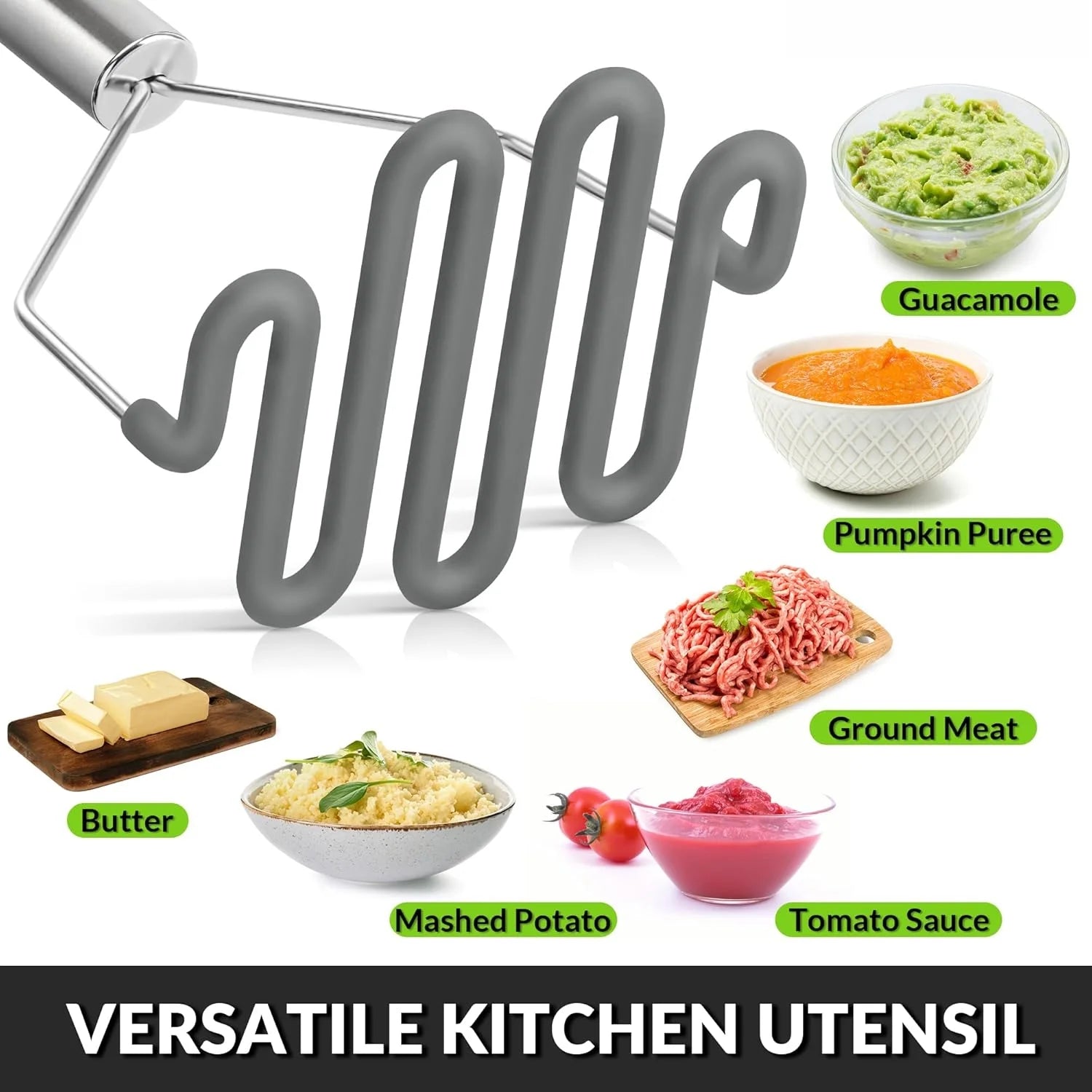 Scratch-resistant silicone potato masher kitchen tool potato masher stainless steel wrapped durable silicone potato smasher gray – Durable Stainless Steel Construction for Streamlined Everyday Routines