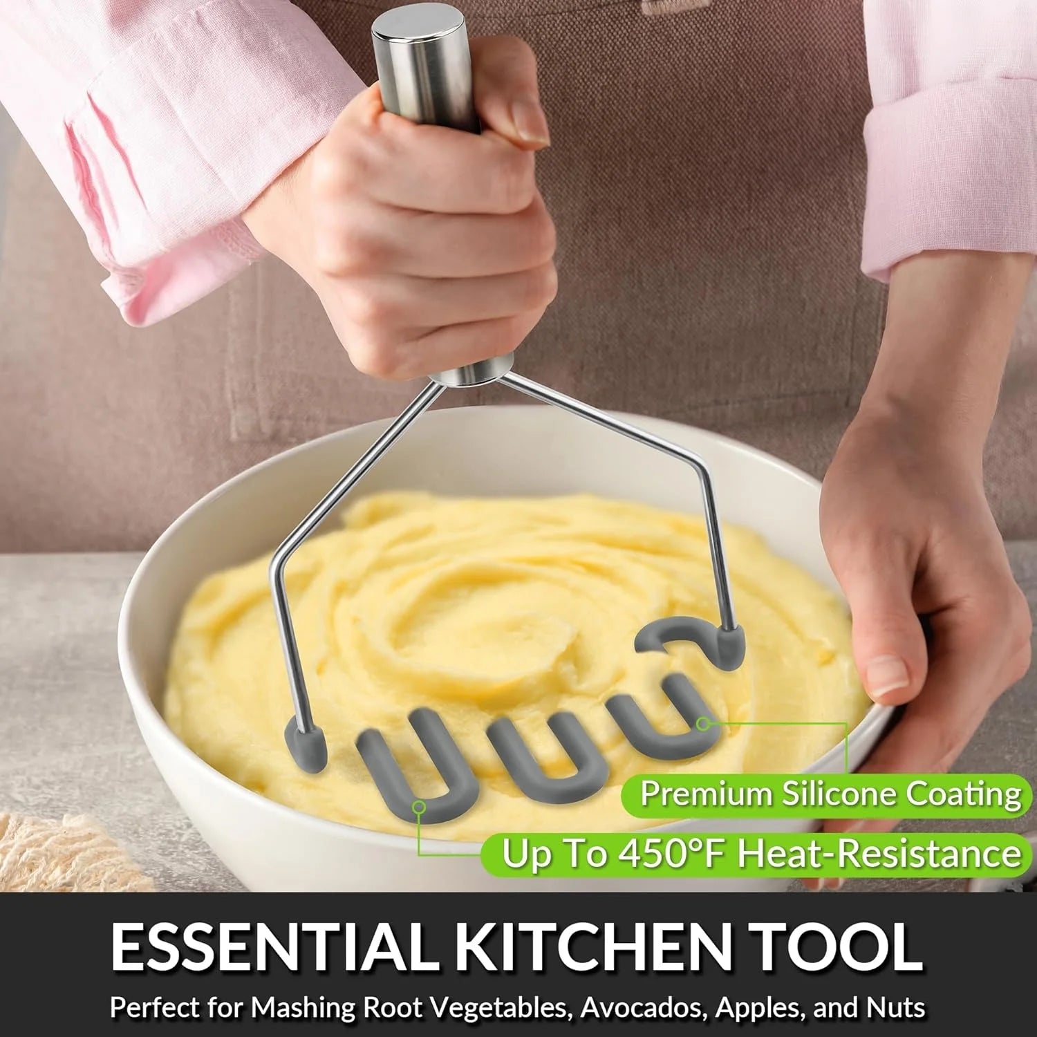Scratch-resistant silicone potato masher kitchen tool potato masher stainless steel wrapped durable silicone potato smasher gray – Durable Stainless Steel Construction for Streamlined Everyday Routines