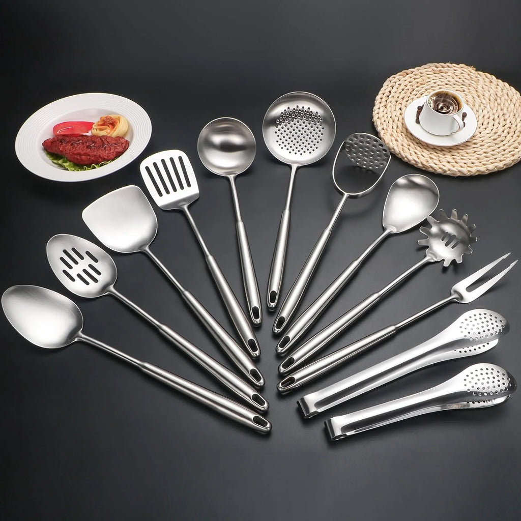 304 Stainlss Steel Kitchen Utensils Set 12 Pcs Long Metal Cooking Utensil Gadgets Tools Set with Spatula Ladle Spoon Ladle Skimmer Tunner Pasta Server Tongs(Silver Dishwasher Suitable) – Convenient Multi-Piece Set for Streamlined Everyday Routines