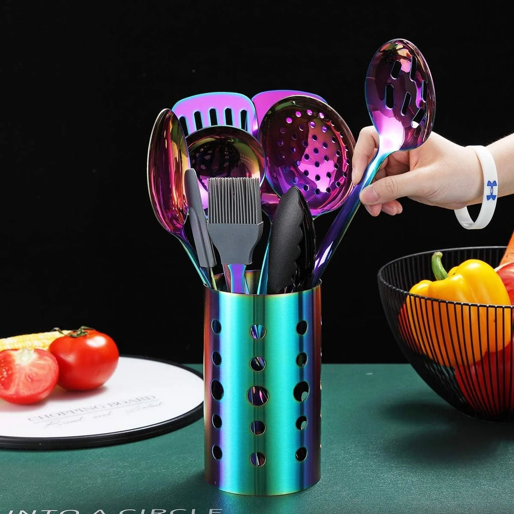 Rainbow Kitchen Utensil Set 13-Piece Stainless Steel Cookware Set Titanium Rainbow Plating Kitchen Tool Set with Cutlery Holder Suitable for Non-stick Cookware Dishwasher Suitable – Durable Stainless Steel Construction for Streamlined Everyday Routines