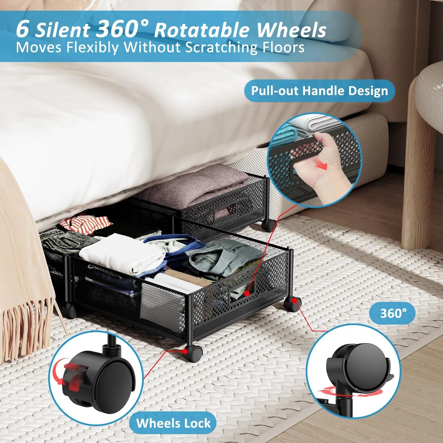 47.2'' Long Under Bed Storage on Wheels 57.6L Large Capacity Rolling Under the Bed Storage Containers Tool-Free Assembly Foldable Underbed Shoes Clothes Toy Drawers – Everyday Household Format for Streamlined Everyday Routines