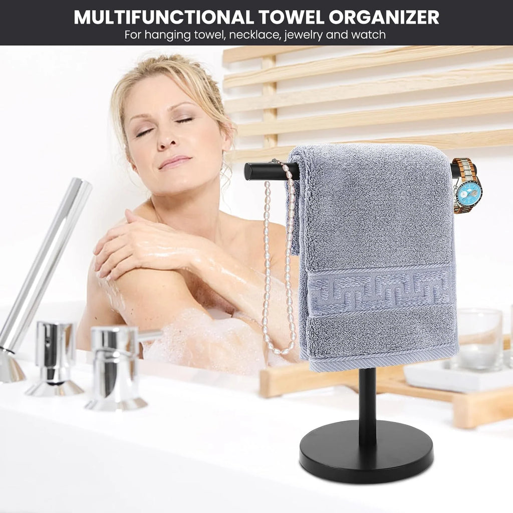 T-Shape Bath Hand Towel Holder Stand Stainless Steel Free Standing Hand Towel Rack with Heavy Base for Bathroom Kitchen & Countertop Matte Black – Durable Stainless Steel Construction for Streamlined Everyday Routines