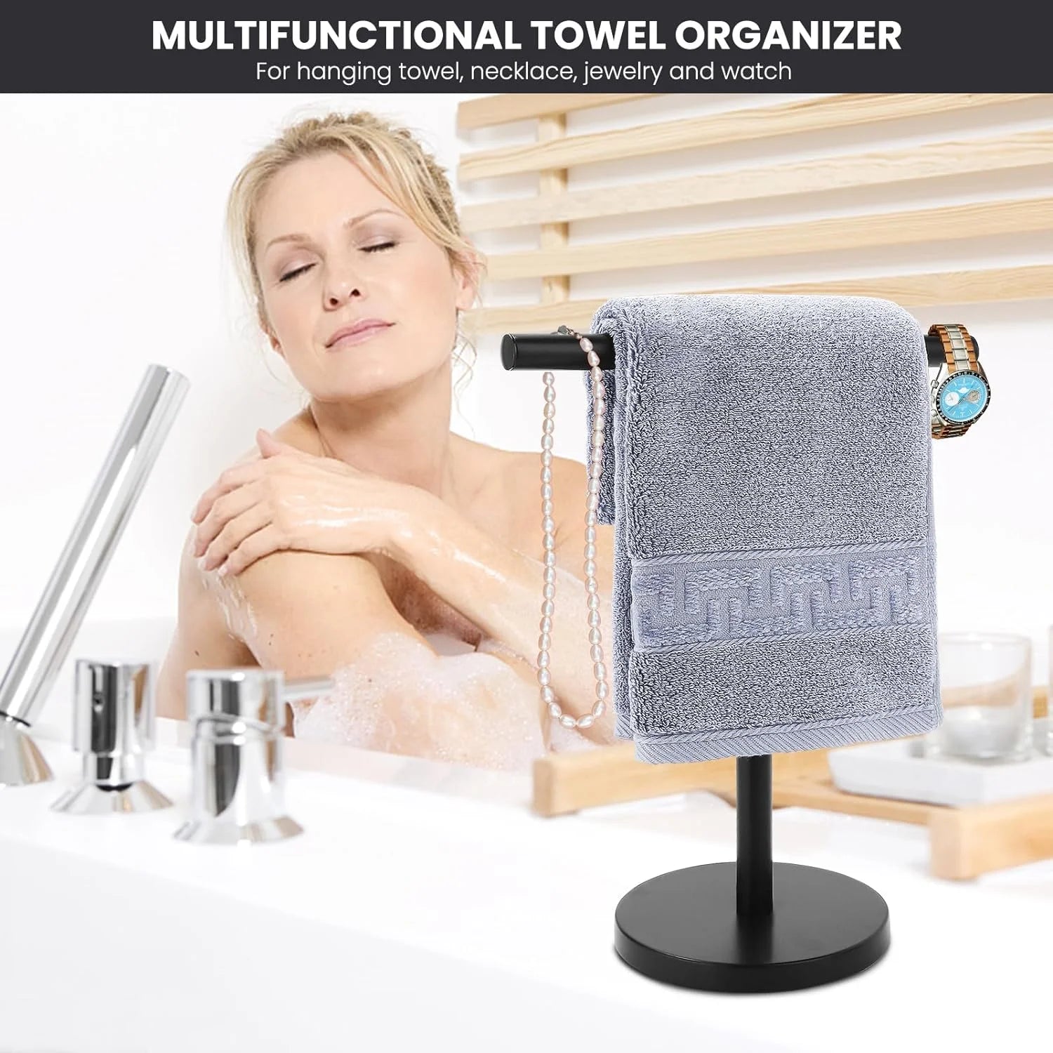 T-Shape Bath Hand Towel Holder Stand Stainless Steel Free Standing Hand Towel Rack with Heavy Base for Bathroom Kitchen & Countertop Matte Black – Durable Stainless Steel Construction for Streamlined Everyday Routines