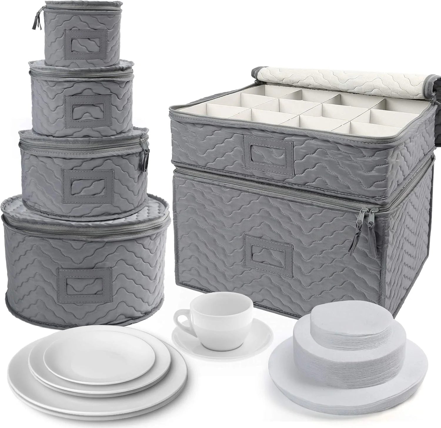 China Storage Containers - Quilted 6-Piece Set Storage Box- Stores Chinaware Stemware Dinnerware Dish Storage Service for 12 48 Pcs Felt Protectors Cardboard Dividers Included – Convenient Multi-Piece Set for Streamlined Everyday Routines