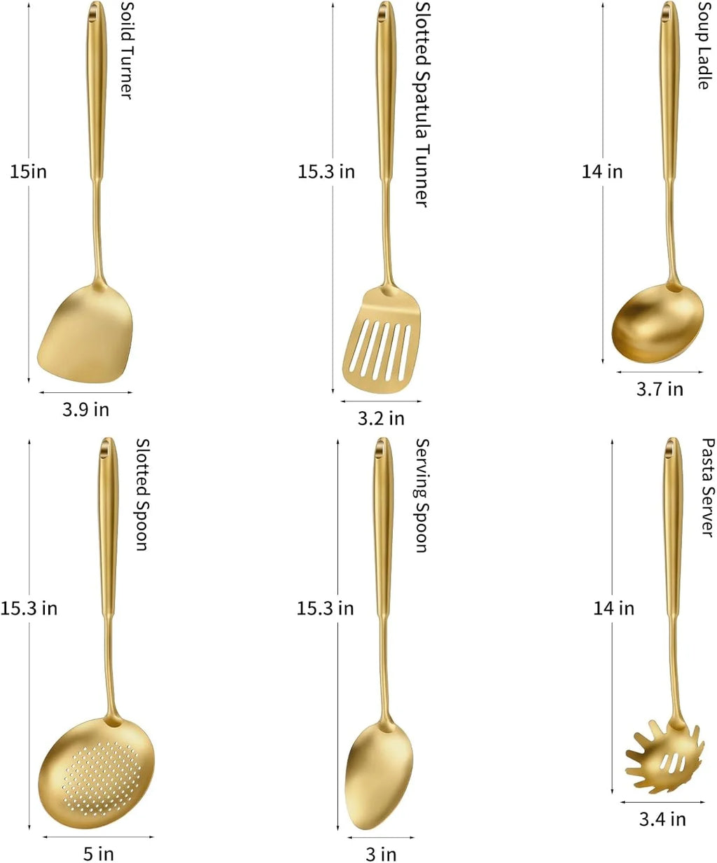 304 Stainless Steel Cooking Utensils,6 Pcs Kitchen Cooking Utensils Set with Spatula Solid Spoon Ladle Skimmer Spaghetti Spoon,Dishwasher Suitable(Gold) – Durable Stainless Steel Construction for Streamlined Everyday Routines