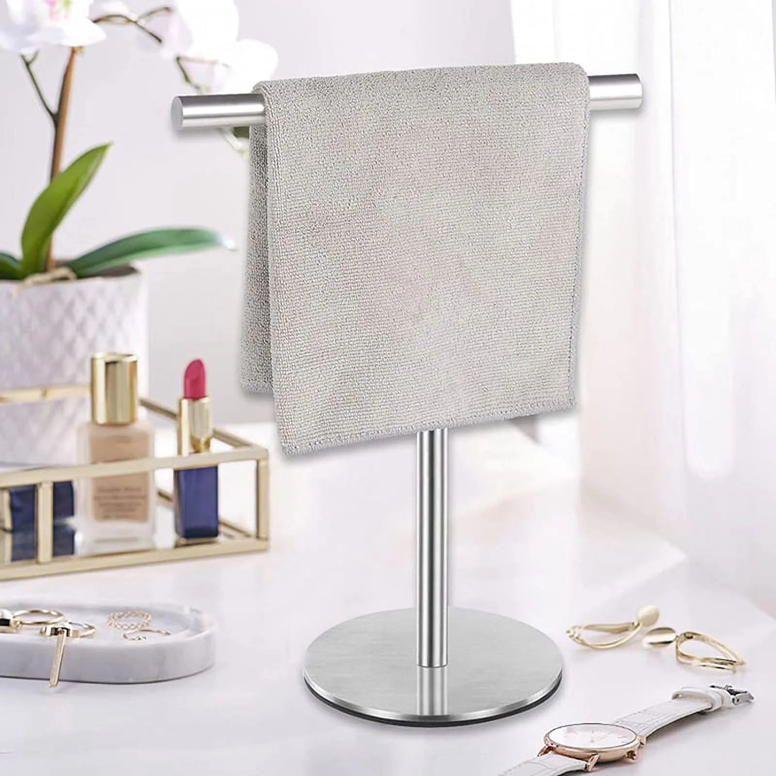 Brushed Standing Towel Rack Heavy Duty Base Stainless Steel T-Shaped Hand Towel Stand for Bathroom Kitchen. – Durable Stainless Steel Construction for Streamlined Everyday Routines