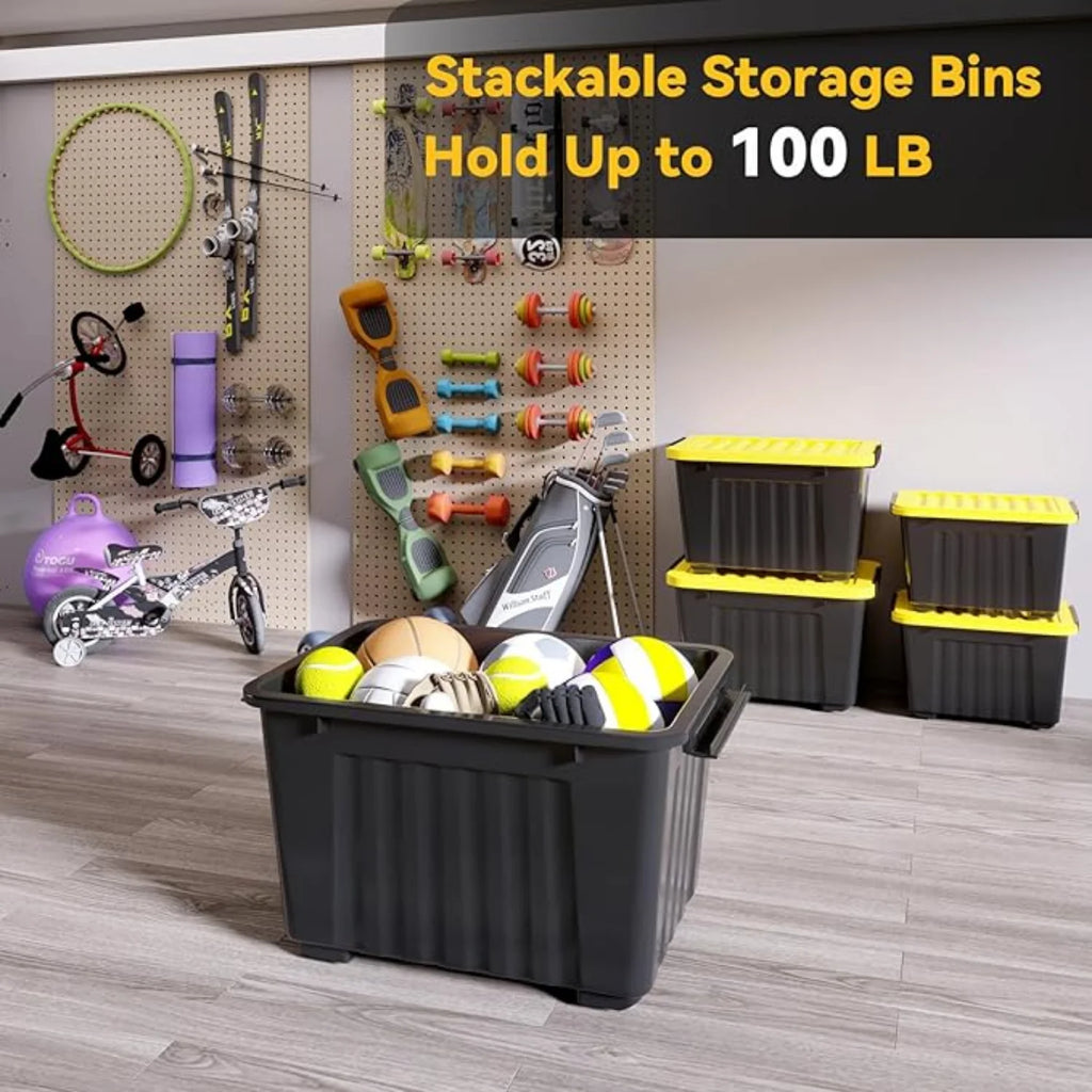 72Quart Plastic Storage Bin Stackable and Nestable Storage Boxes with White Lids and Secure Latching Buckles Large Storage Container (Black/Yellow 72Quart-6Pack) – Stackable Organization for Streamlined Everyday Routines