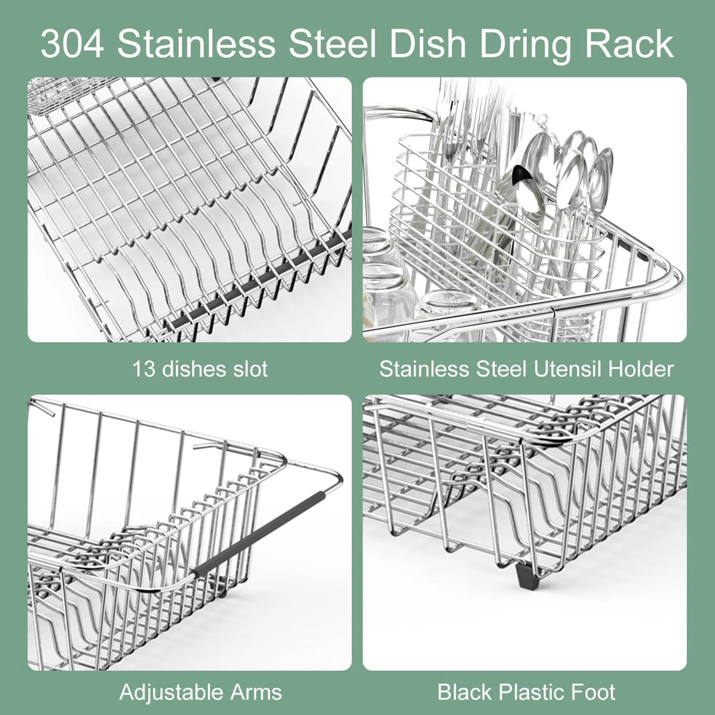 Dish Drying Rack in-Sink 304 Stainless Steel Dish Drainer with Stainless Steel Silverware Holder Over Inside Sink-Adjustable – Durable Stainless Steel Construction for Streamlined Everyday Routines
