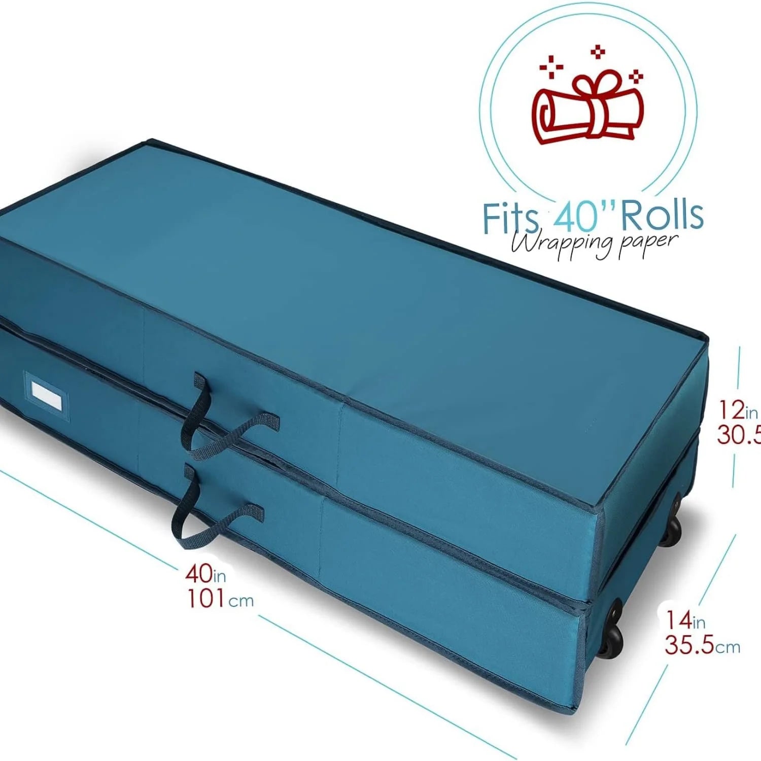 Wrapping Paper Storage Container with Ribbon Dispenser and Interior Pockets - Large Christmas Storage Containers with Wheels Fits 30 Rolls of 40" Length Blue – Multiroom Organization Format for Streamlined Everyday Routines
