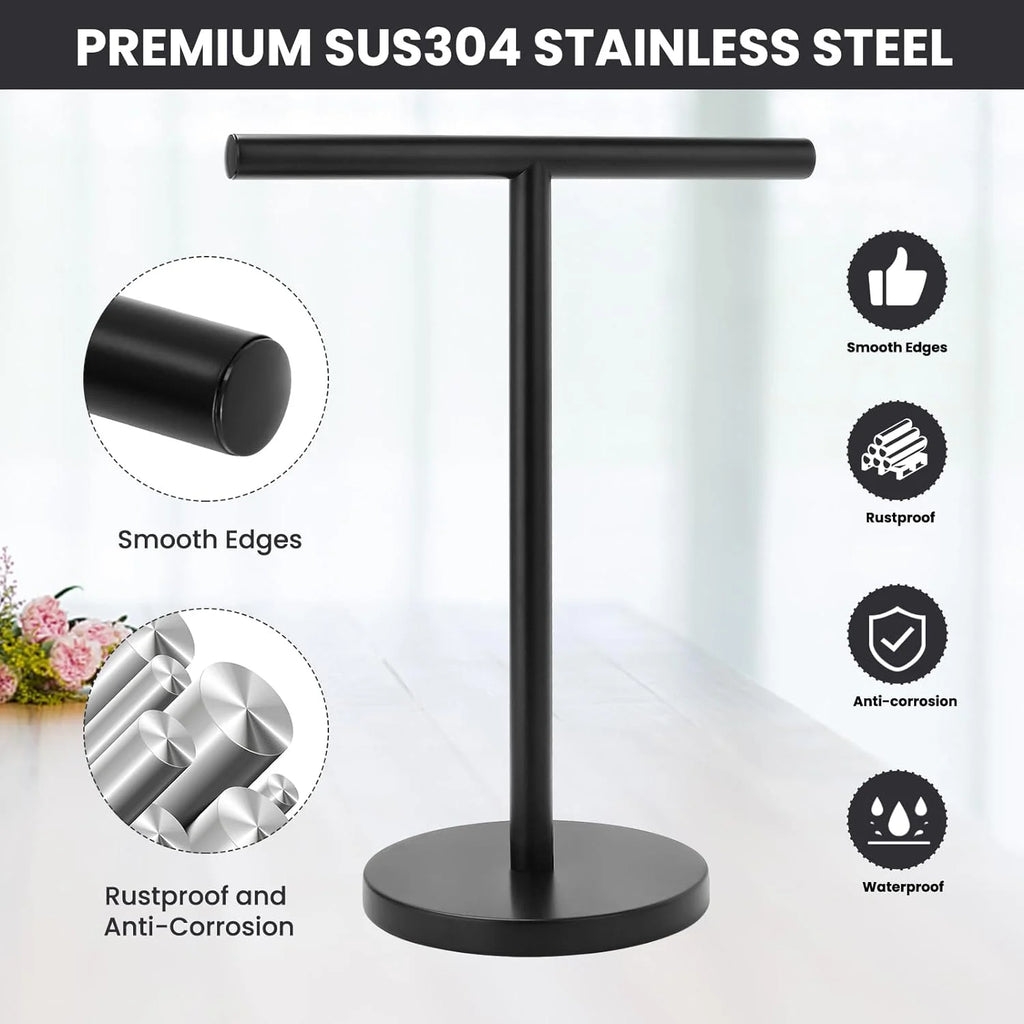 T-Shape Bath Hand Towel Holder Stand Stainless Steel Free Standing Hand Towel Rack with Heavy Base for Bathroom Kitchen & Countertop Matte Black – Durable Stainless Steel Construction for Streamlined Everyday Routines