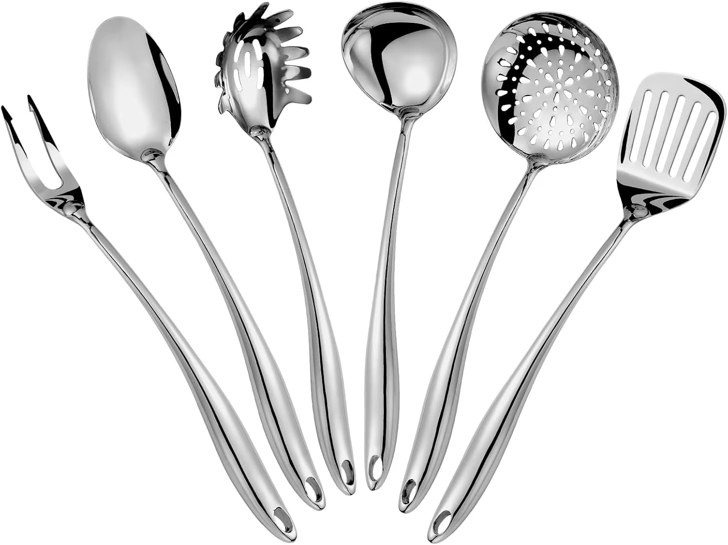 304 Stainless Steel Kitchen Utensils Set 6 Pcs Long Metal Cooking Utensil with Spatula Solid Spoon Ladle Skimmer Spaghetti Spoon Meat Fork Dishwasher Suitable – Durable Stainless Steel Construction for Streamlined Everyday Routines