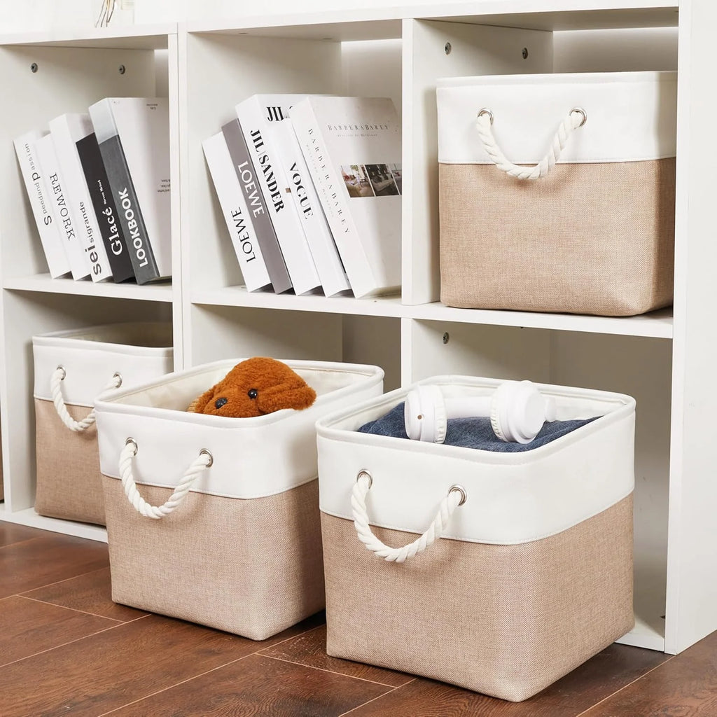 11 x 11 Inch Storage Cubes 6 Pack Large Collapsible Fabric Storage Bin White&Beige – Foldable Space-Saving Design for Streamlined Everyday Routines
