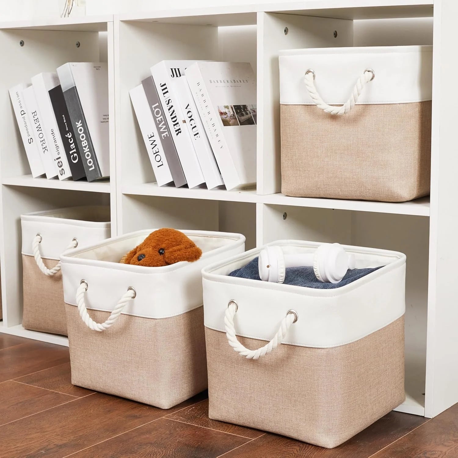 11 x 11 Inch Storage Cubes 6 Pack Large Collapsible Fabric Storage Bin White&Beige – Foldable Space-Saving Design for Streamlined Everyday Routines