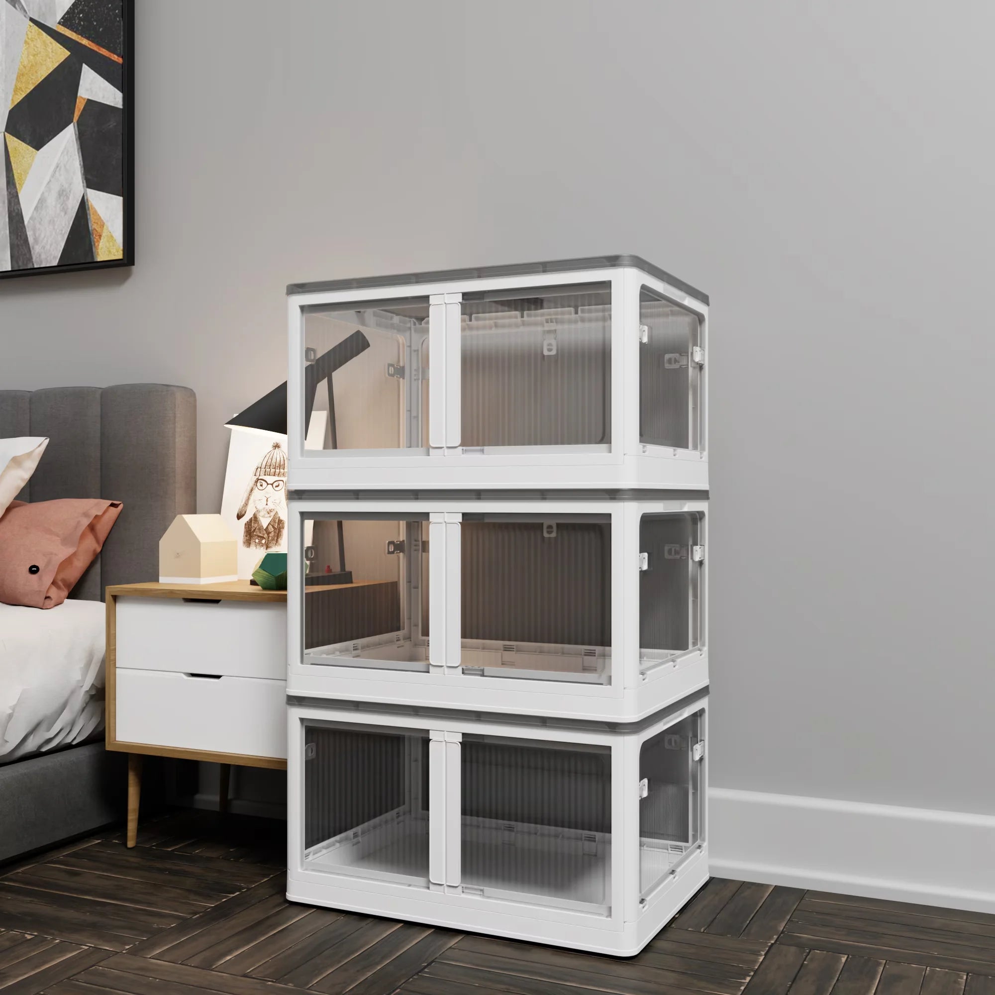 384QT 3-Pack Transparent Stackable Storage Bins with 5 Doors to Open with Wheels Folding Plastic Craft Containers Large Closet Organizers Box for Bedrooms Living Rooms Study Kids' Toys White – Stackable Organization for Streamlined Everyday Routines