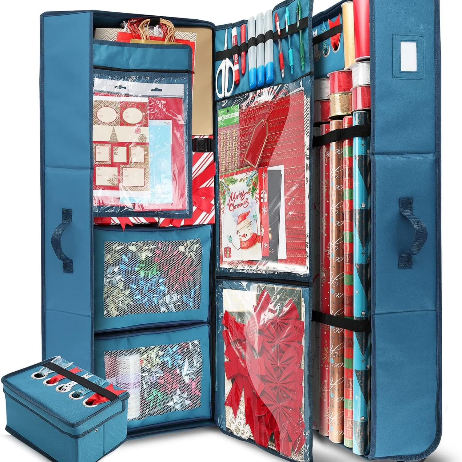 Wrapping Paper Storage Container with Ribbon Dispenser and Interior Pockets - Large Christmas Storage Containers with Wheels Fits 30 Rolls of 40" Length Blue – Everyday Household Format for Streamlined Everyday Routines