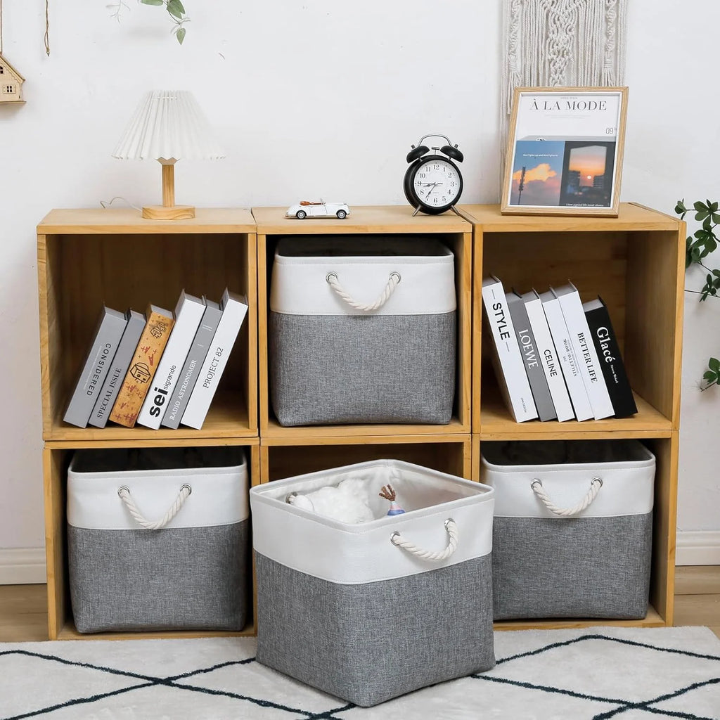 13 x 13 Inch Cube Storage Bins 6 Pack Extra Large Collapsible Fabric Storage Bin with Ropes Foldable Storage Cubes for Home (White & Beige-13"x13"x13") – Foldable Space-Saving Design for Streamlined Everyday Routines