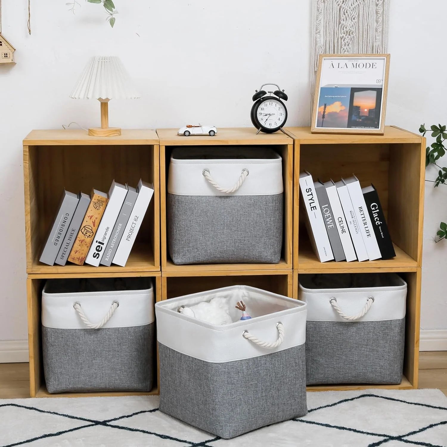 13 x 13 Inch Cube Storage Bins 6 Pack Extra Large Collapsible Fabric Storage Bin with Ropes Foldable Storage Cubes for Home (White & Beige-13"x13"x13") – Foldable Space-Saving Design for Streamlined Everyday Routines