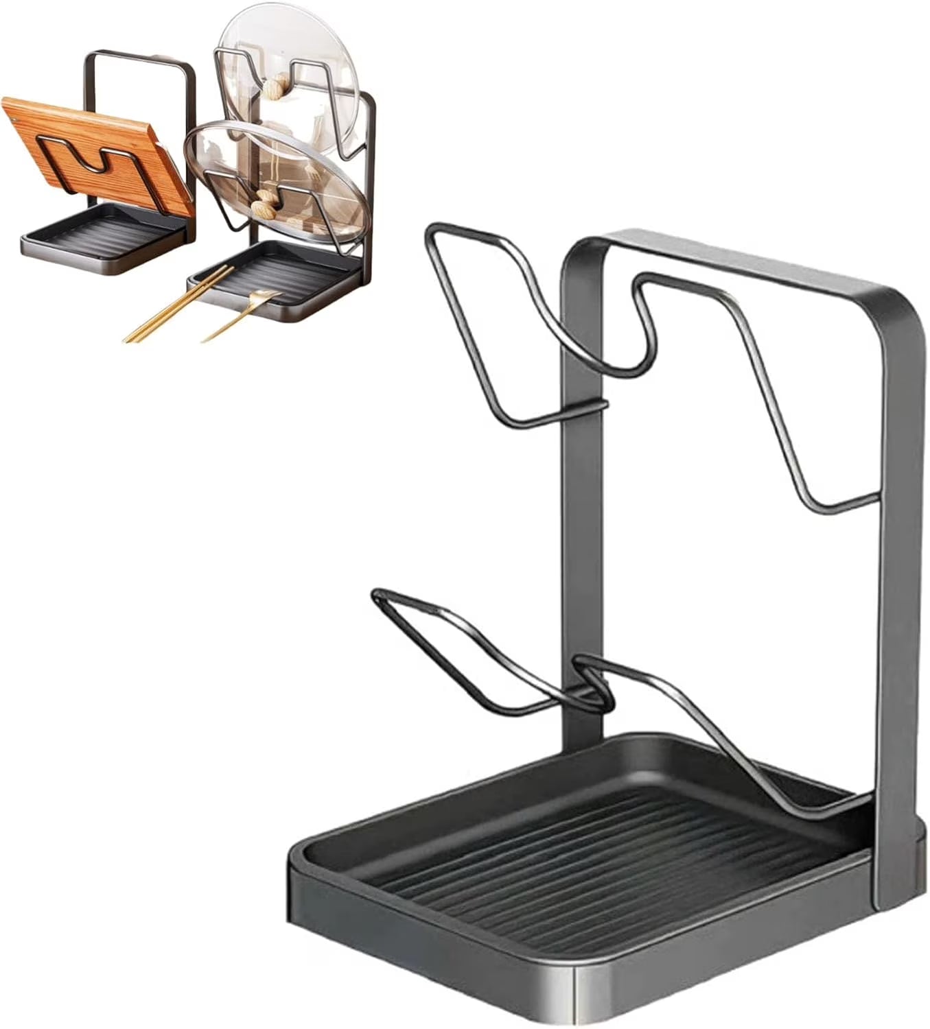 Kitchen Pot Lid Storage Rack 304 Stainless Steel Pot Lid Holder While Cooking Multifunctional Kitchen Pot Cover Organizer for Countertop With Removable Drip Tray – Durable Stainless Steel Construction for Streamlined Everyday Routines