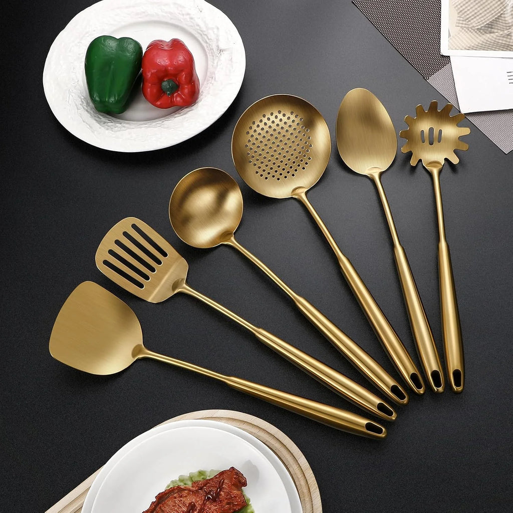 304 Stainless Steel Cooking Utensils,6 Pcs Kitchen Cooking Utensils Set with Spatula Solid Spoon Ladle Skimmer Spaghetti Spoon,Dishwasher Suitable(Gold) – Durable Stainless Steel Construction for Streamlined Everyday Routines