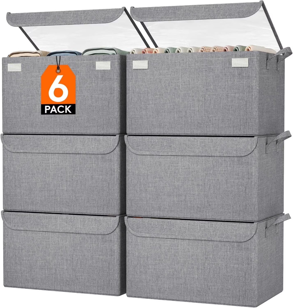 Fabric Storage Boxes 6 Pcs Stackable Storage Bins with Clear Lids Foldable Oxford Cloth Cube Closet Organizer Baskets Clothes Containers for Towels Blankets Books Light Grey-Large – Foldable Space-Saving Design for Streamlined Everyday Routines