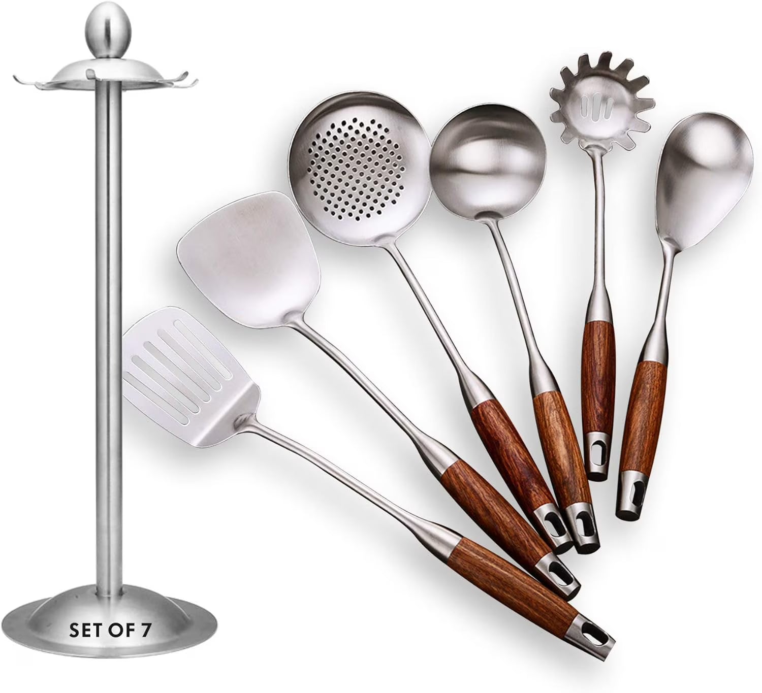 Cooking Utensils Set,7pcs 304 Stainless Steel Kitchen Utensils Set with Holder,Heat Resistant Wooden Handle Kitchen Tools – Convenient Carry Handles for Streamlined Everyday Routines